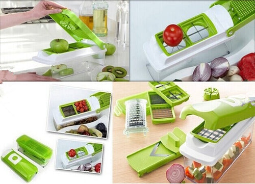 Multifunctional kitchen tool with various attachments for slicing vegetables and fruits.