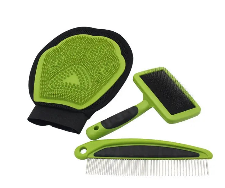 Set of green pet grooming tools including a brush, comb, and mitt on a white background