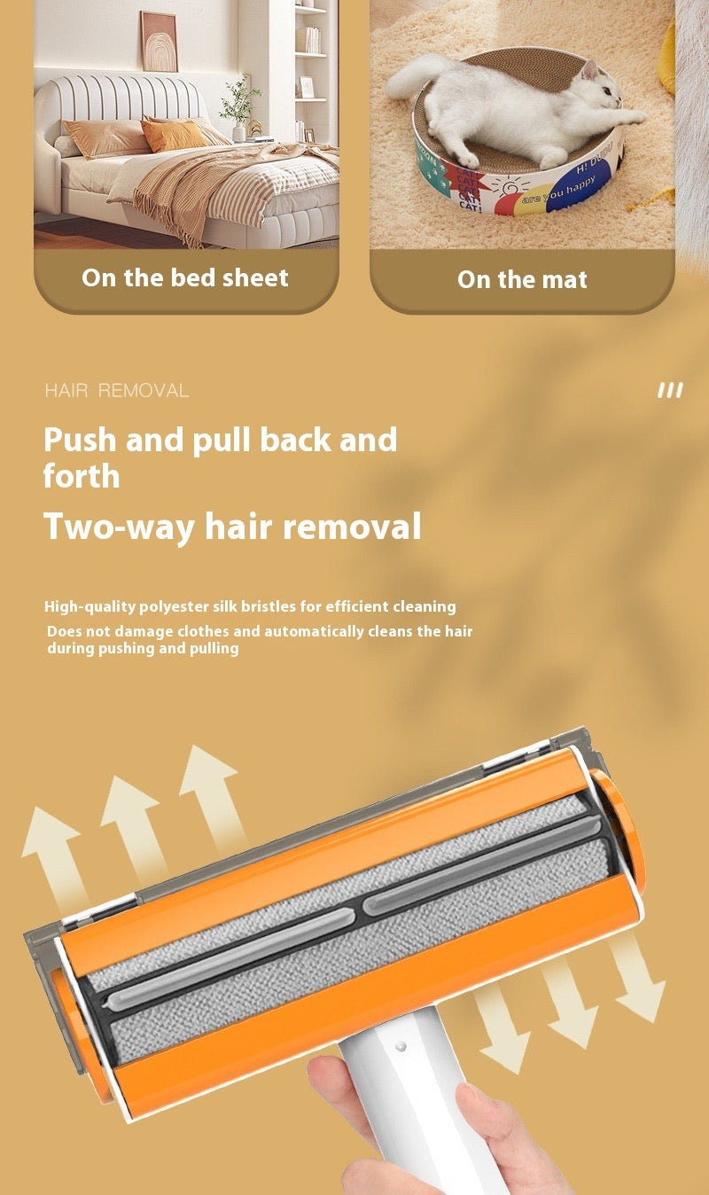 Hair removal tool with instructions on using it on bed sheets and mats, with a cat in the background.