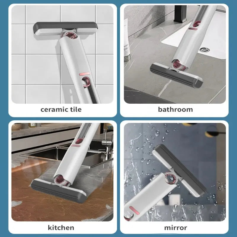Multifunctional cleaning tool used on ceramic tile, bathroom, kitchen, and mirror surfaces.