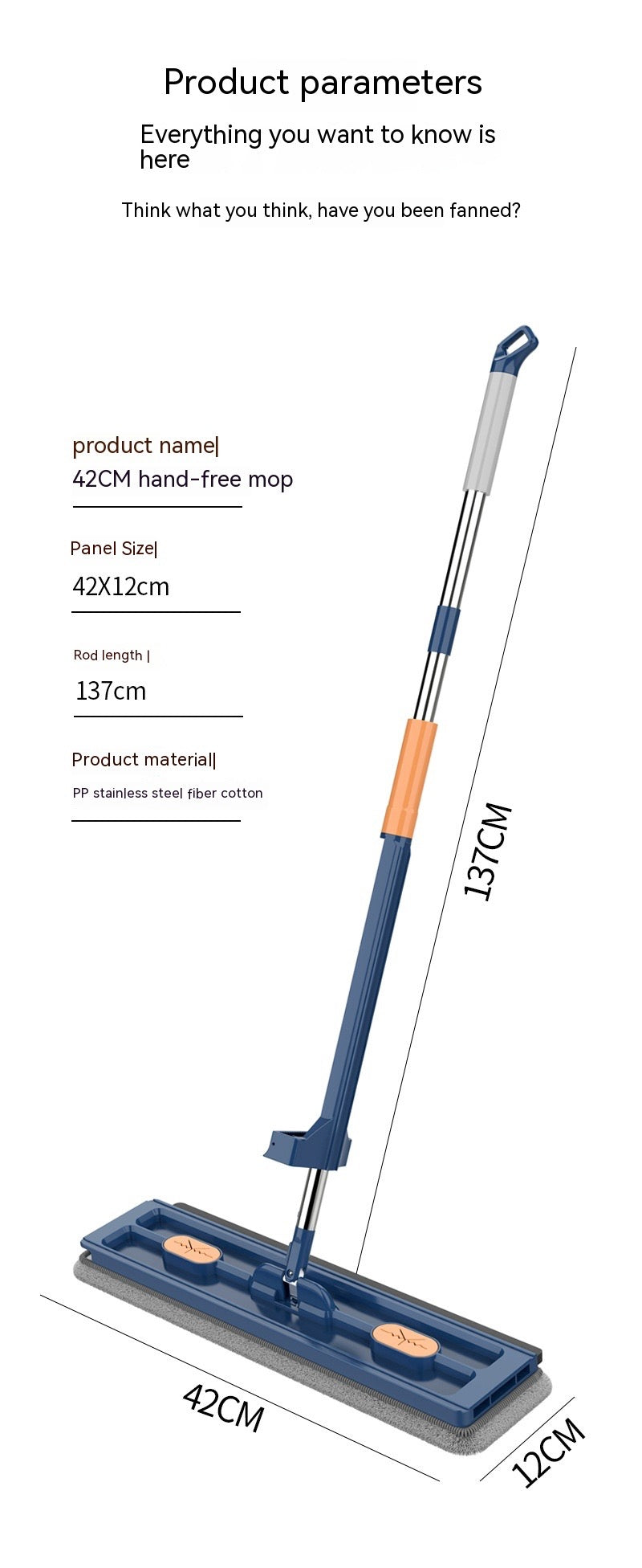 42CM hand-free mop with dimensions and material details on a white background