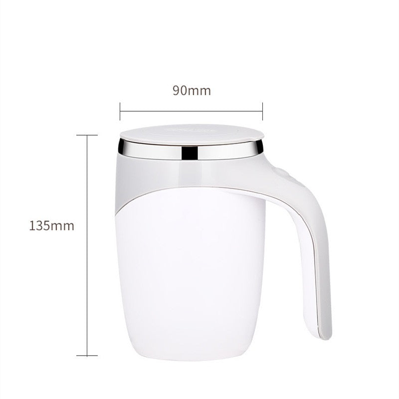 White mug with a silver lid and handle, showing dimensions on a white background