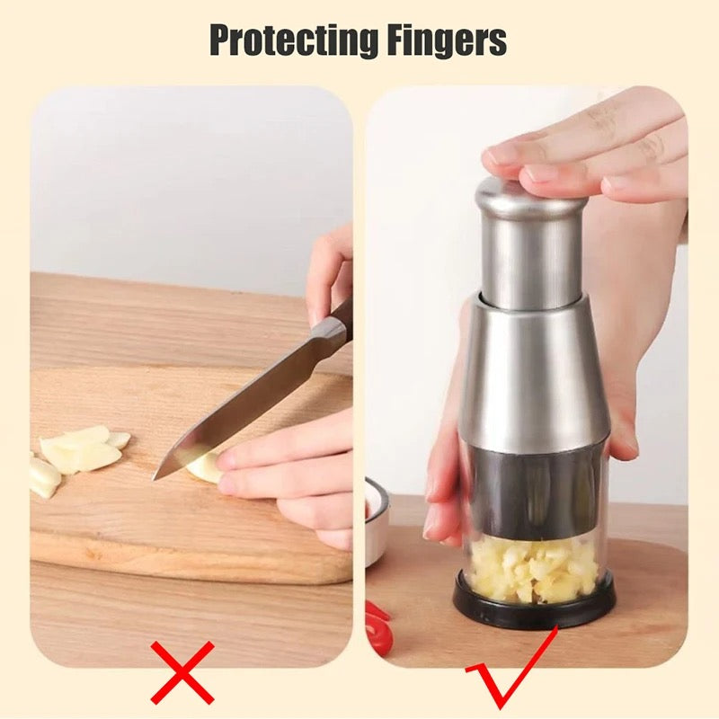 Comparison of using a garlic press versus manual chopping on a wooden cutting board.