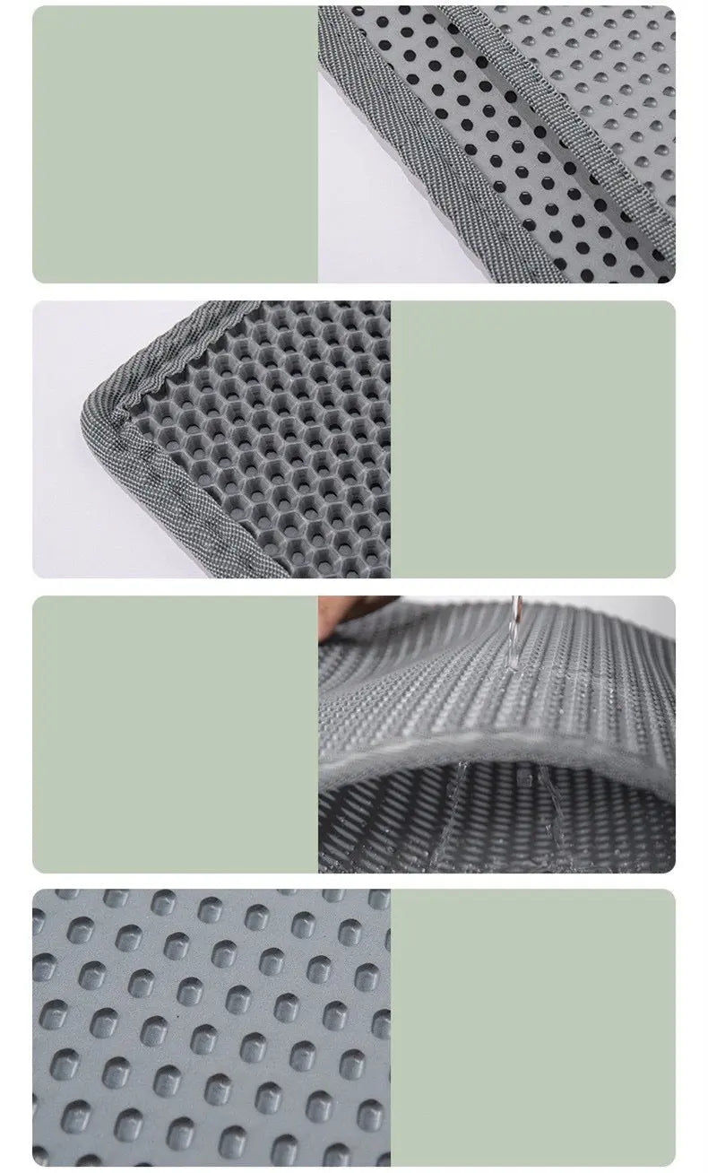 Collage of textured gray and green fabric samples.