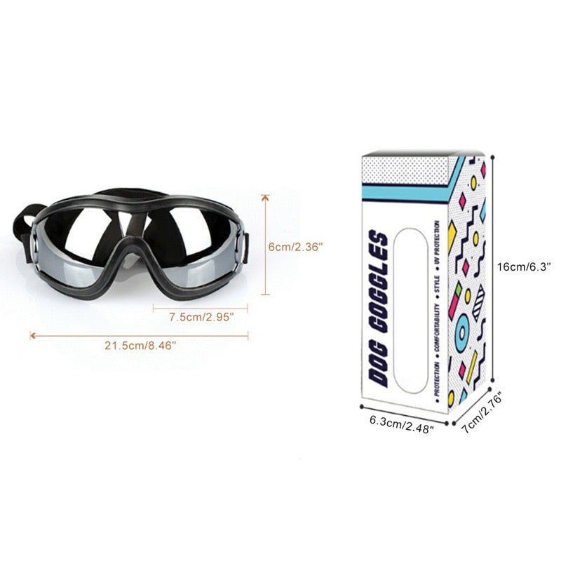 Dog goggles with packaging and measurements on a white background