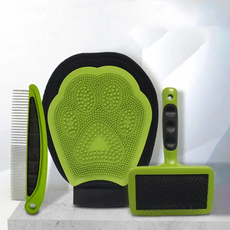 Set of green and black grooming tools on a white background