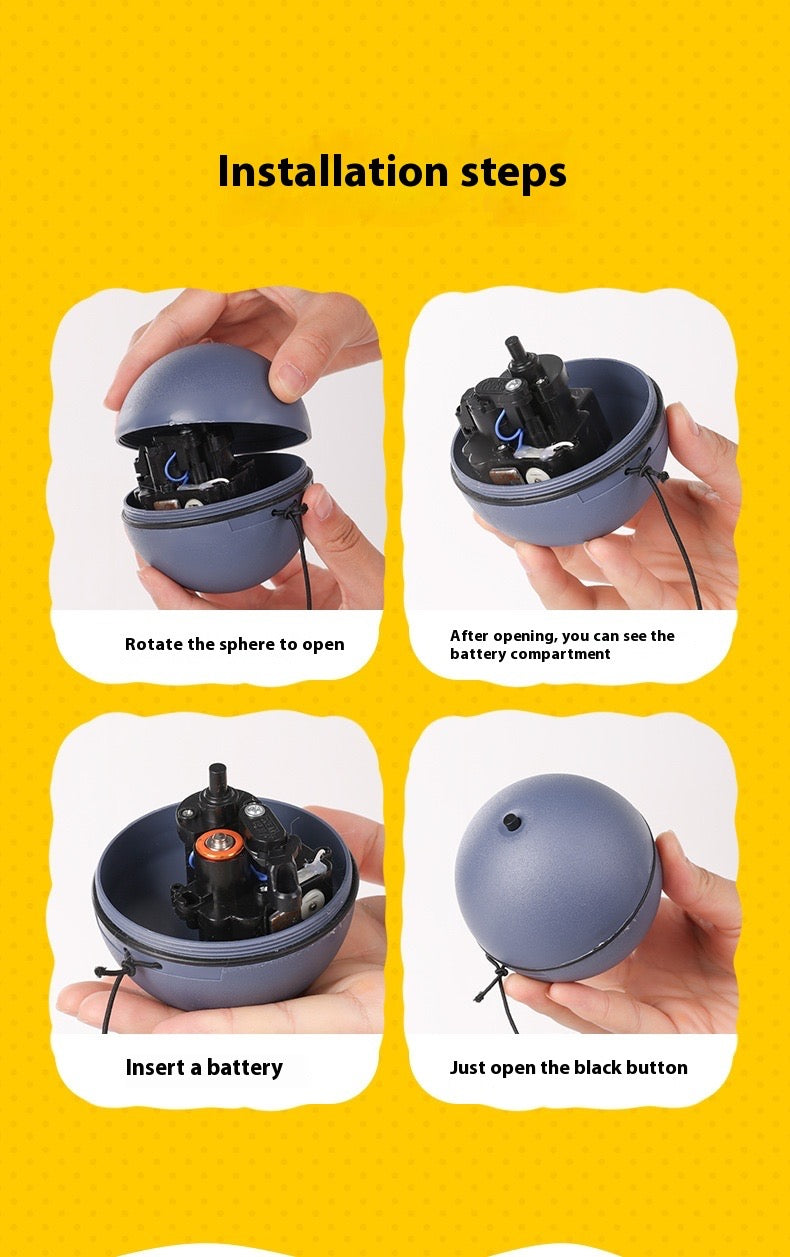 Step-by-step guide on how to open a spherical device with text labels on a yellow background
