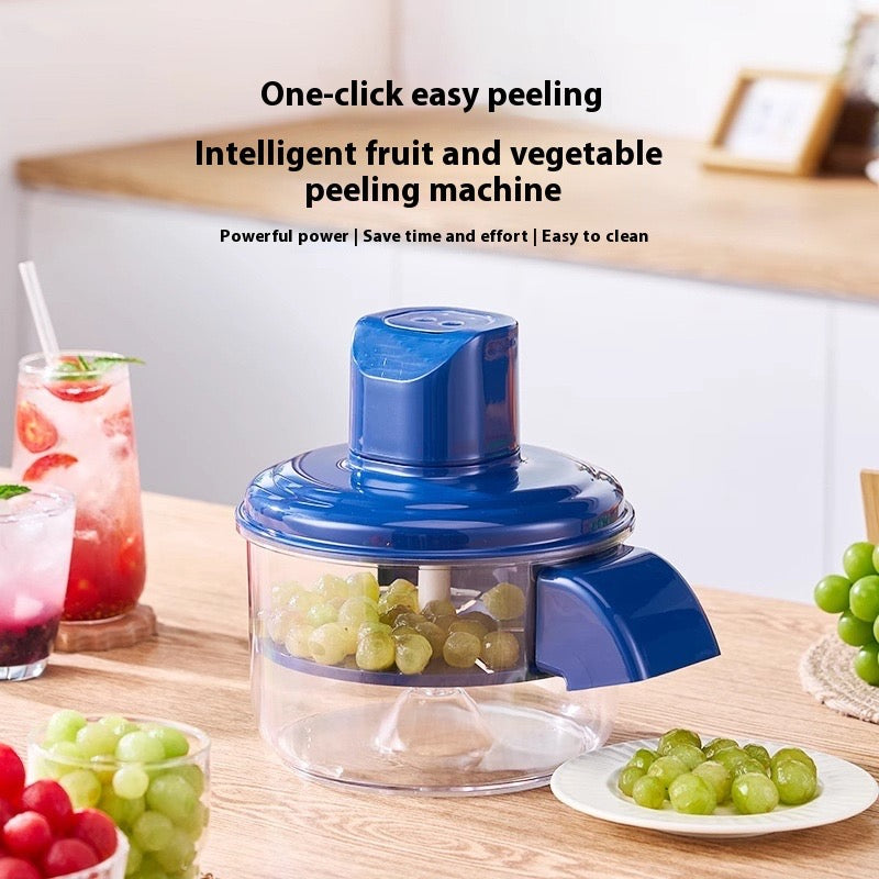 Blue fruit and vegetable peeling machine on a kitchen counter with grapes and drinks in the background.