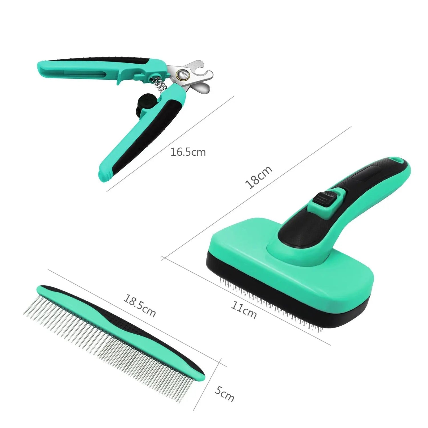 Set of pet grooming tools including a comb, brush, and nail clippers with measurements on a white background.