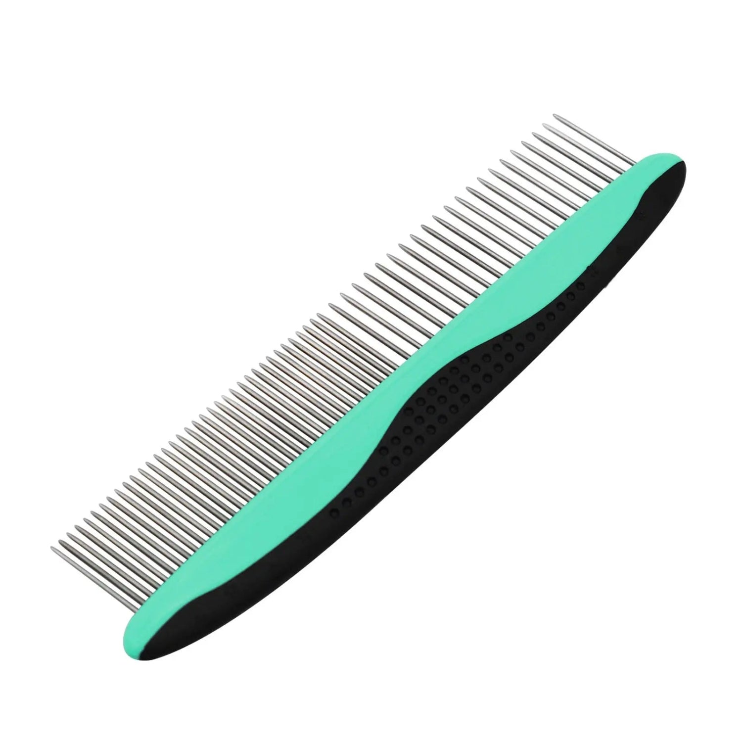 Pet grooming comb with green handle and metal teeth on a white background
