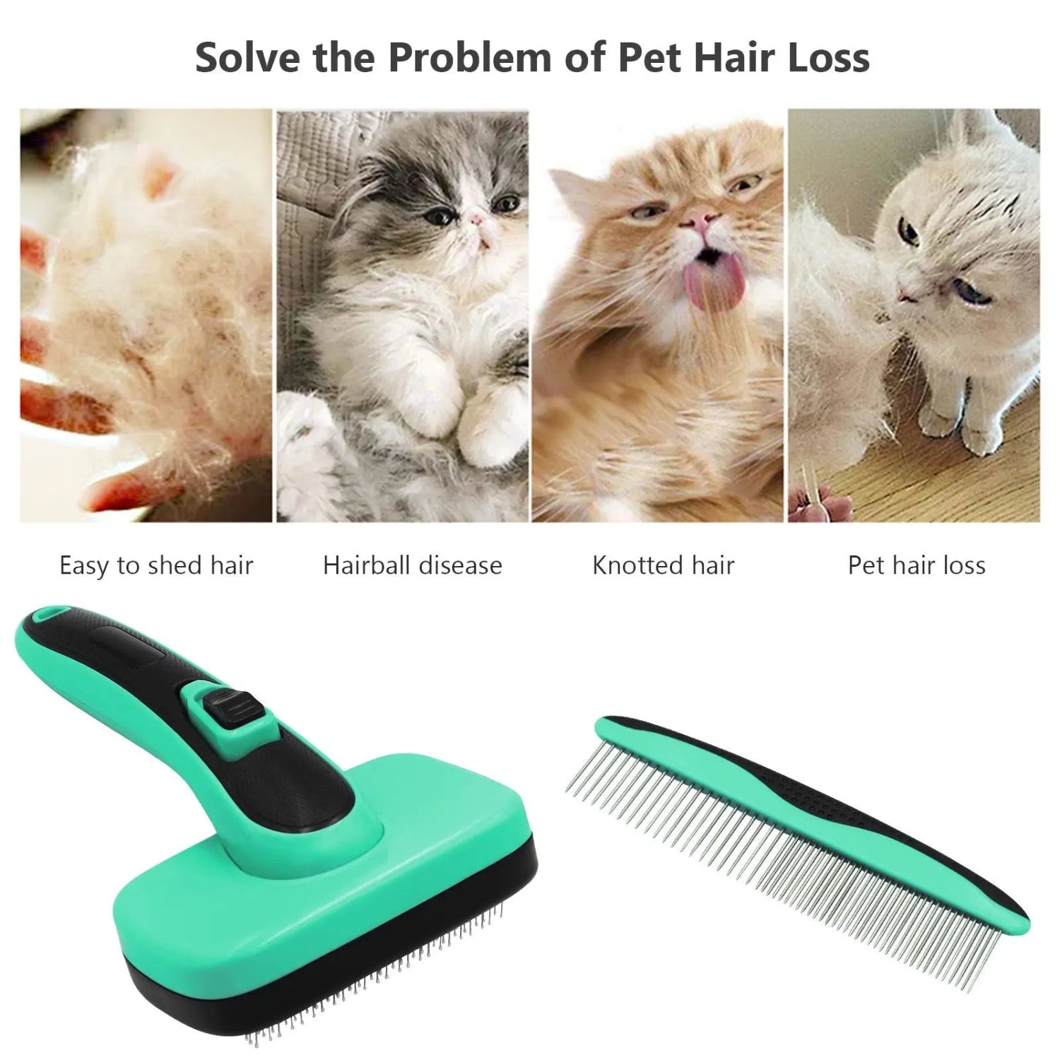 Pet grooming tools with images of cats dealing with hair issues and text describing problems solved.