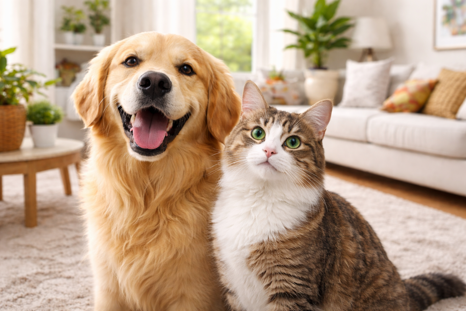 Dog and cat sitting together in a living room